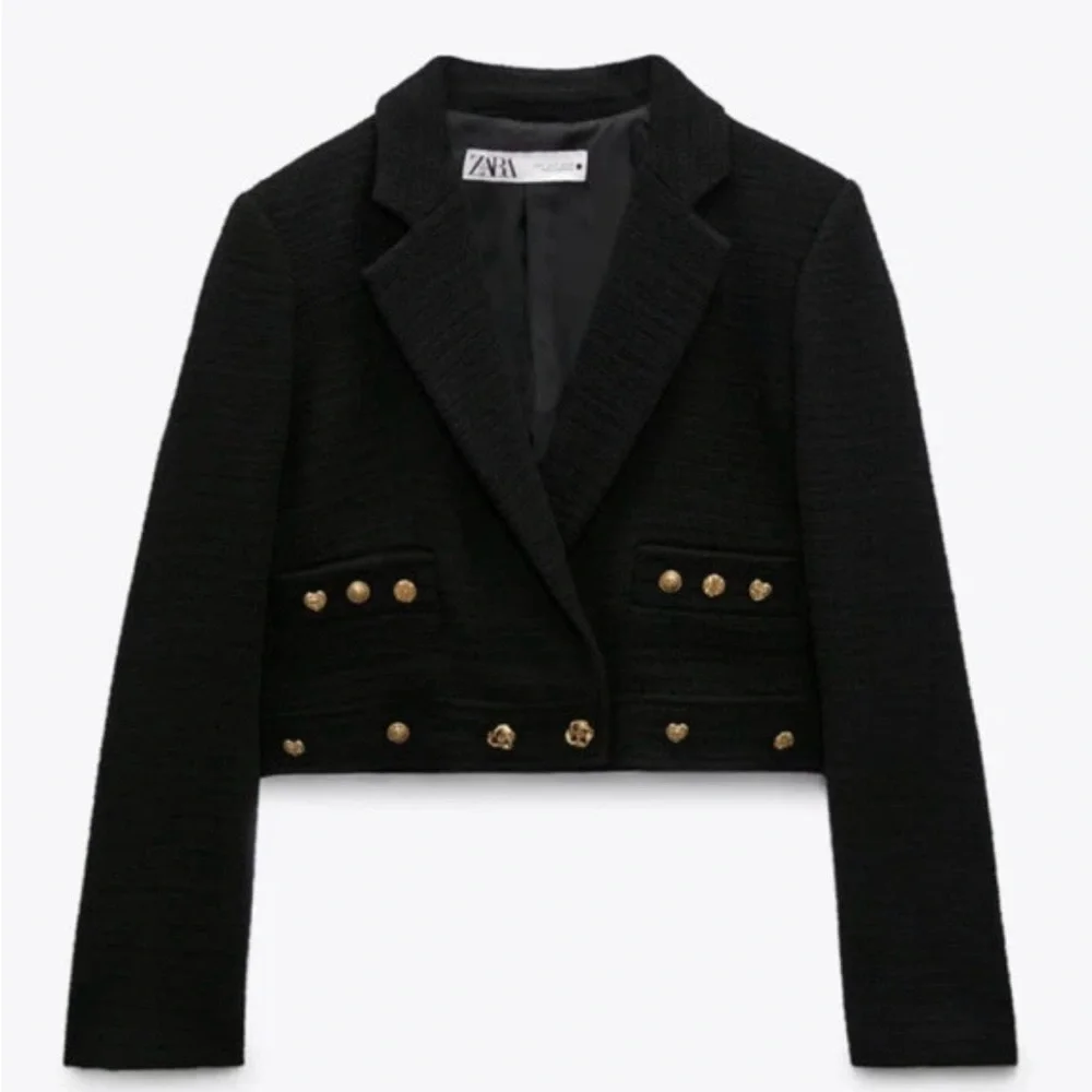 ZARA NEW Women’s CROPPED BUTTONED Textured Tweed BLAZER JACKET BLACK Size Small - Picture 6 of 16